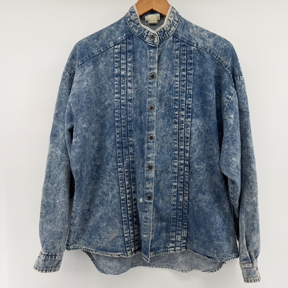 Vintage Sunset Blues h.i.s. Acid Wash Denim Shirt Lace Trim Pintuck Blue Large